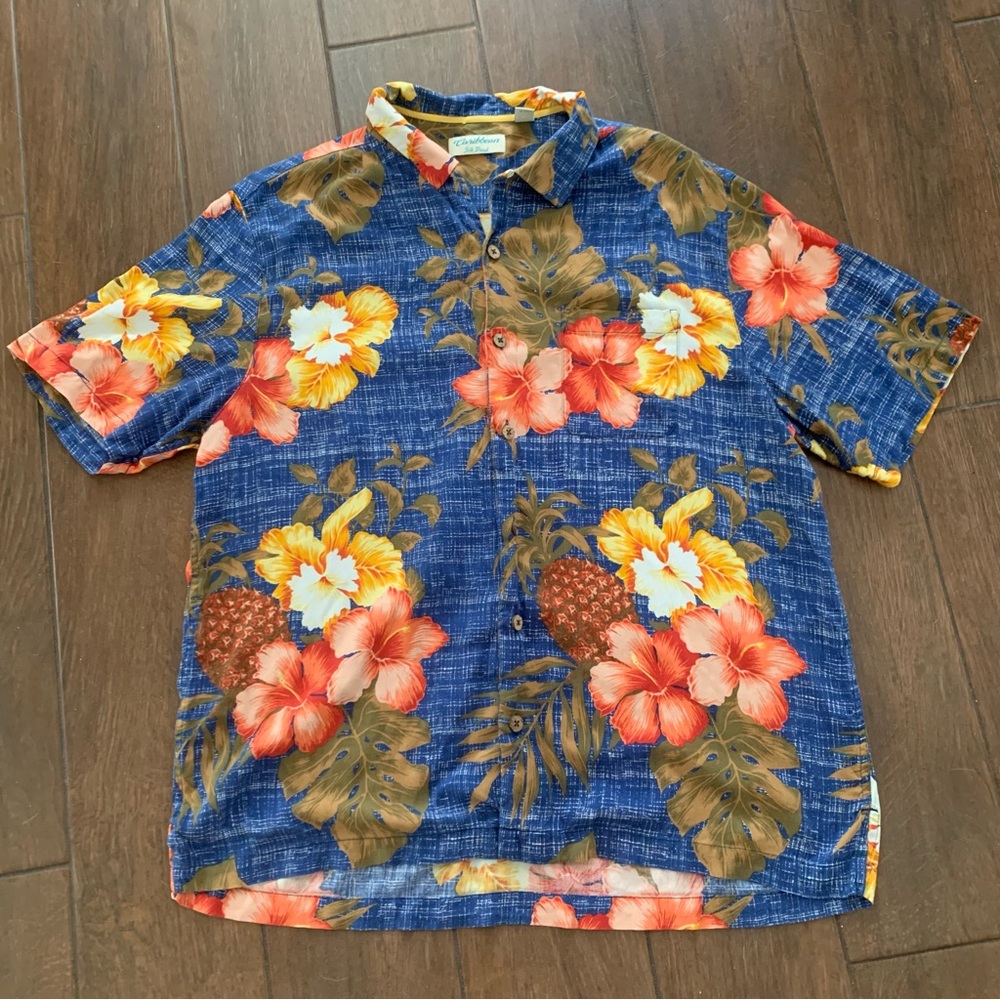 Tropical Hawaiian Hibiscus Silk/Rayon Floral Men's Shirt Resort Vacation size XL